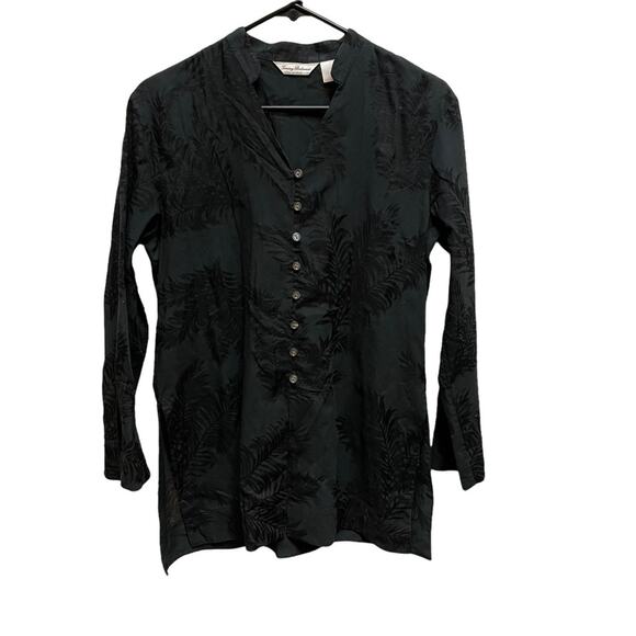 Tommy Bahama Black Sheer Tropical Print Long Sleeve Tunic Blouse Small - Picture 1 of 6